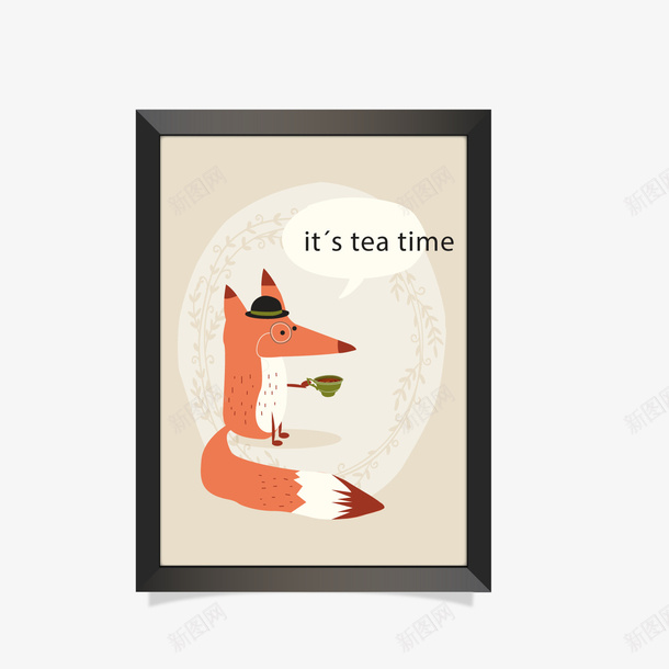 可爱喝茶的狐狸挂画png免抠素材_88icon https://88icon.com 卡通动物 壁画 挂画 狐狸 相框 背景装饰