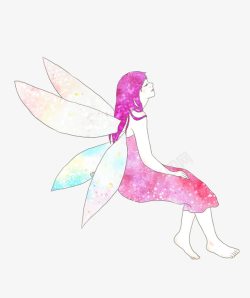紫色翅膀免抠坐着的天使女孩高清图片