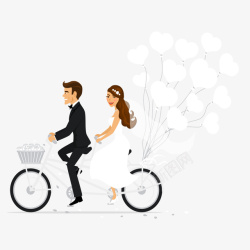情侣婚纱骑着单车去结婚卡通高清图片