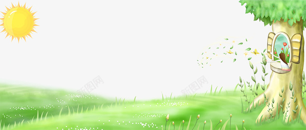 春季树木草地与太阳装饰边框psd免抠素材_88icon https://88icon.com 叶子装饰 大自然景色 手绘 春季 春色 树木装饰 植物装饰 花朵装饰