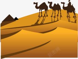 金色沙漠上的骆驼剪影素材