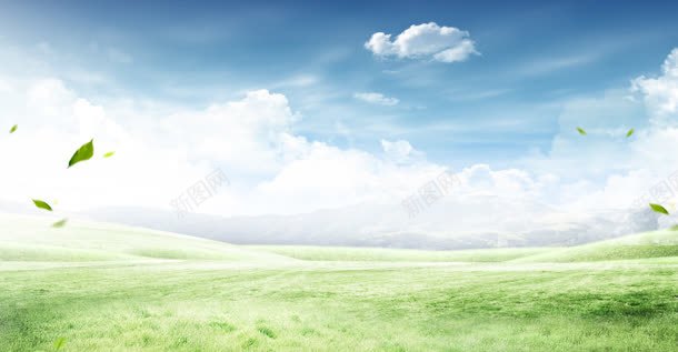 蓝天白云下的绿草地海报背景