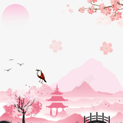 红色创意樱花季山水海报背景素材