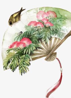 粉花树叶扇子小鸟手绘素材