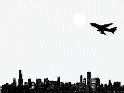 空中城市飞机飞过城市夜空黑色剪影高清图片