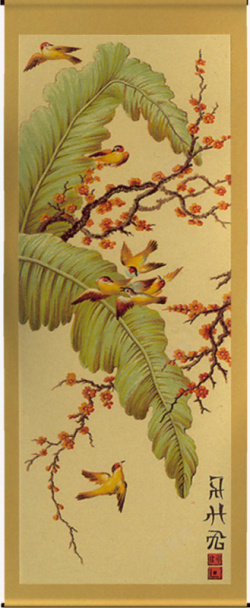 卡通手绘中国风画卷植物小鸟素材