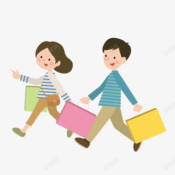手绘卡通人物逛街购物png免抠素材_88icon https://88icon.com 促销 促销海报 动画人物 卡通女人 卡通男人 夫妻购物 扁平化人物 欢乐的夫妻 购物 逛街
