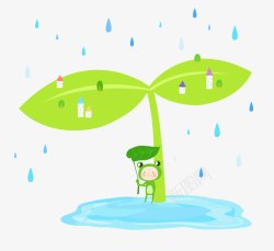 动画青蛙树叶下躲雨的小青蛙高清图片