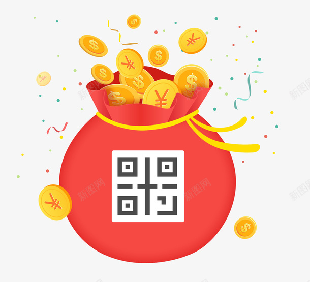 喜庆红包袋里的金币png免抠素材_88icon https://88icon.com 二维码 创意 卡通 商务 喜庆 手绘 红色 金币