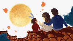 手绘一家人卡通手绘坐在屋顶上赏月的一高清图片