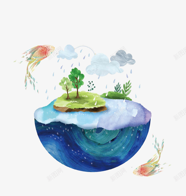蓝色立体创意地球生态插画png免抠素材_88icon https://88icon.com 保护环境 地球 地球一小时 海洋 环保 生态 鱼