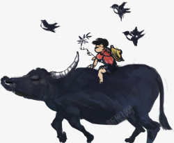 水墨手绘放牛的孩子插画素材