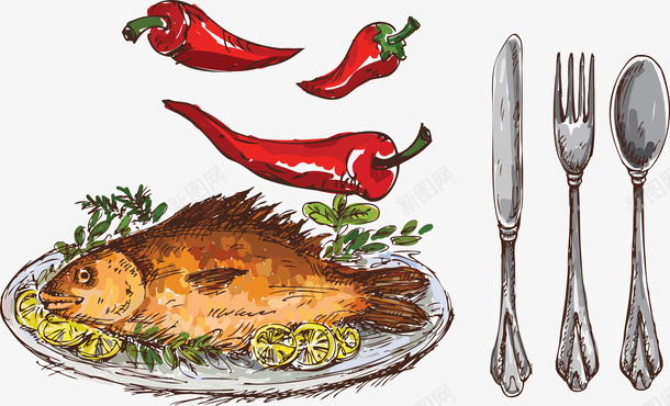 卡通高档餐厅烤鱼平面装饰矢量图ai免抠素材_88icon https://88icon.com 卡通烤鱼 火红辣椒 特色烤鱼 矢量烤鱼 餐具手绘 香喷喷的烤鱼 高档餐厅 矢量图