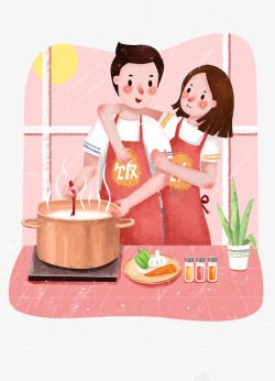 简约插图卡通手绘做饭的情侣高清图片