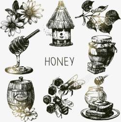 蜜罐手绘蜜蜂和蜂蜜高清图片