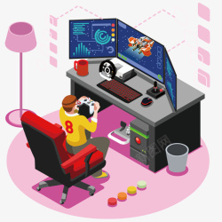 紫色沙发坐着打游戏的男子立体卡通矢量图高清图片