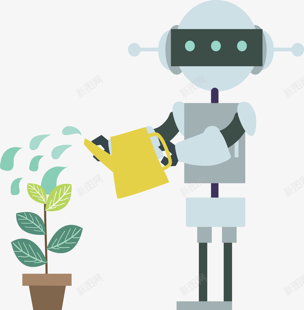 辛勤浇花的机器人矢量图ai免抠素材_88icon https://88icon.com 人工智能 勤劳园丁 园丁 机器人 浇水 浇花 矢量png 矢量图