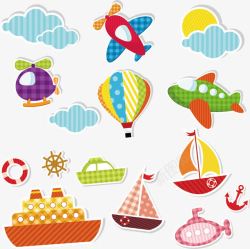 卡通手绘飞机热气球帆船轮船潜水素材