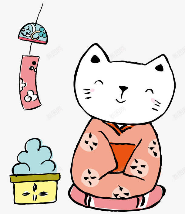 一只可爱的小猫矢量图ai免抠素材_88icon https://88icon.com 可爱的小猫 日本风铃 春天 白色的身体 矢量图 粉色衣服 蓝色的小草 风铃