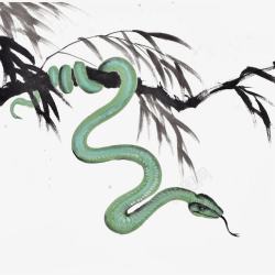 水墨蛇水墨绿蛇盘旋在树枝上高清图片