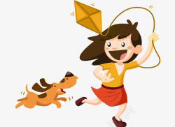 奔跑的小狗手绘放风筝的小女孩高清图片