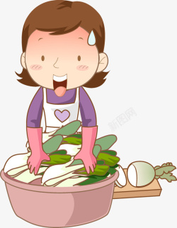 洗菜手绘洗蔬菜的女人场景图高清图片