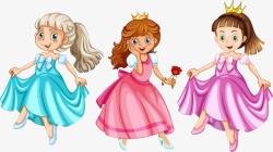 穿裙子的小女孩三位卡通小公主高清图片