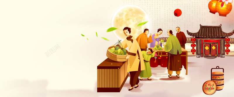 端午节吃粽子彩色手绘bannerpsd设计背景_88icon https://88icon.com 人物 卡通 彩色 手绘 文艺 月亮 灯笼 端午节 粽子 门廊 食盒