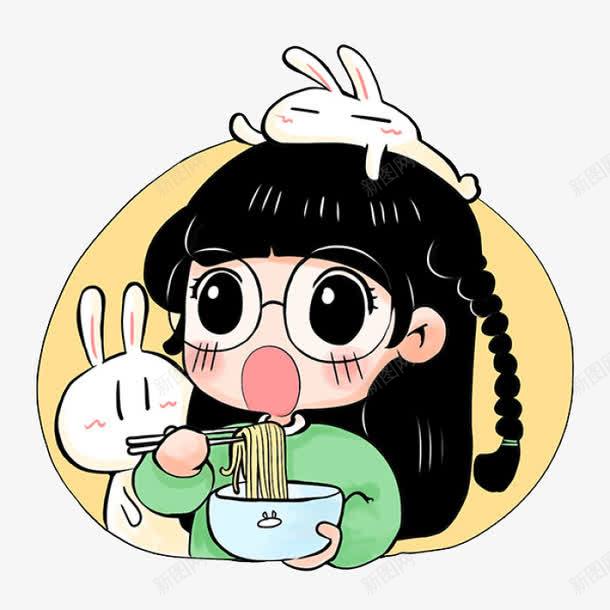 吃面条女生png免抠素材_88icon https://88icon.com 兔子 卡通 可爱 吃面卡通 吃面插画 女孩 手绘 碗 简图 绿色的 面条