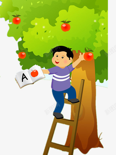 上树摘苹果的男孩png免抠素材_88icon https://88icon.com 书本 梯子 绿色 英文字母