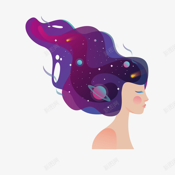 一个宇宙星空图案头发的女孩矢量图ai免抠素材_88icon https://88icon.com 人头插画 卡通女孩 合眼 女孩 宇宙 扁平化 星空 漫画 矢量图 紫头发女孩 紫色人头