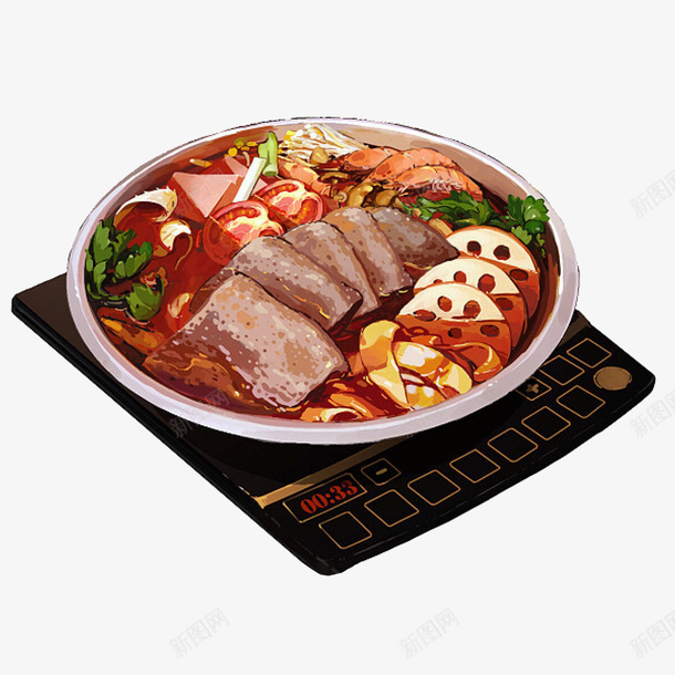 电磁炉上的火锅食物png免抠素材_88icon https://88icon.com 圆盆子 手绘 汤汁多 火锅 电磁炉 绘画 美食 莲藕 鸭血