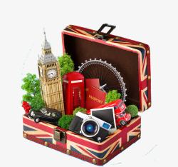 红色建筑物放在手提箱里的英国标志高清图片