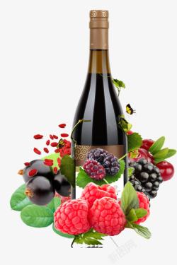 红酒瓶外包装实物水果间的红酒瓶子高清图片