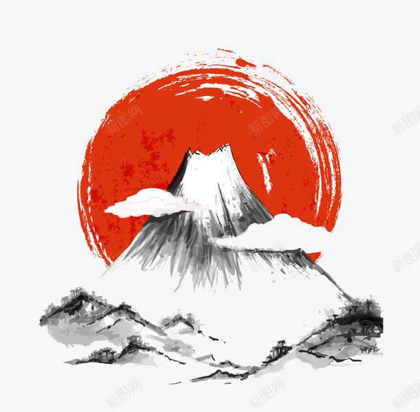 日本水墨山水画png免抠素材_88icon https://88icon.com 传统风景画 太阳 山水画 日本传统文化 日本水墨画