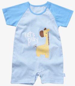 连体衣蓝色卡通长颈鹿图案短袖连体婴儿高清图片