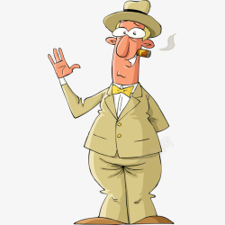 卡通微笑的戴帽子男人举手抽雪茄素材