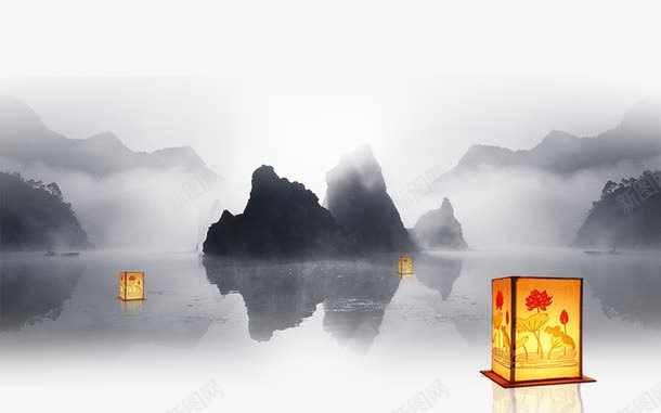 孔明灯png免抠素材_88icon https://88icon.com 孔明灯 山水 水墨山水