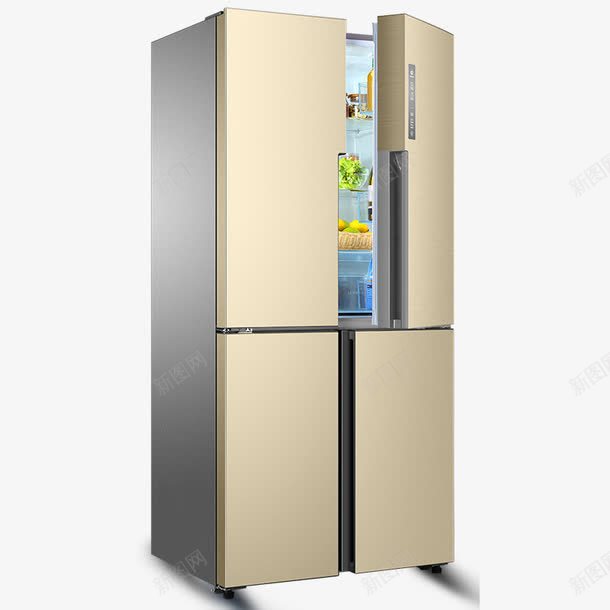 半打开金色四门冰箱png免抠素材_88icon https://88icon.com 冰柜 冰箱 制冷 双开门冰箱 多门冰箱 家用电器 对开门冰箱 电器