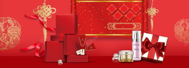 红色新年元素化妆品淘宝背景背景