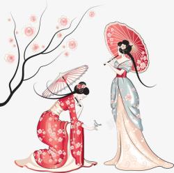 卡通日本美女打伞的和服美女高清图片