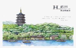 杭州景点手绘建筑高清图片