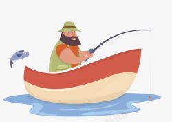 卡通手绘船上钓鱼渔夫素材
