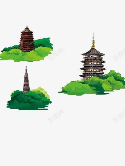 手绘杭州景点png免抠素材_88icon https://88icon.com 旅游 绿色 雷峰塔 风景