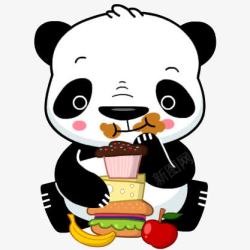 卡通熊猫吃蛋糕汉堡素材