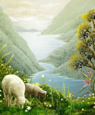 山川河流与动物油画背景