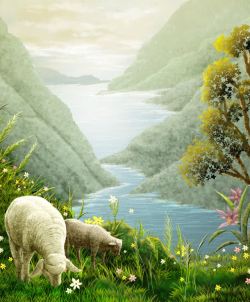 风景无框画山川河流与动物油画高清图片