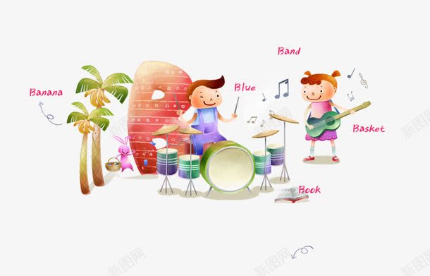 演奏音乐的小孩png免抠素材_88icon https://88icon.com 兴趣班宣传单 卡通人物 卡通女孩 卡通男孩 字母 弹奏 手绘人物 手绘植物 椰子树 紫色 红色 音乐
