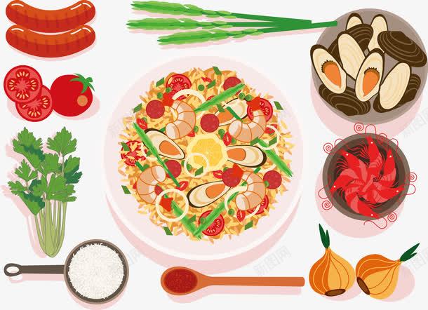 一桌美食png免抠素材_88icon https://88icon.com 一桌饭菜 俯拍 卡通 双壳贝类 蔬菜 蛤蜊饭 饭菜