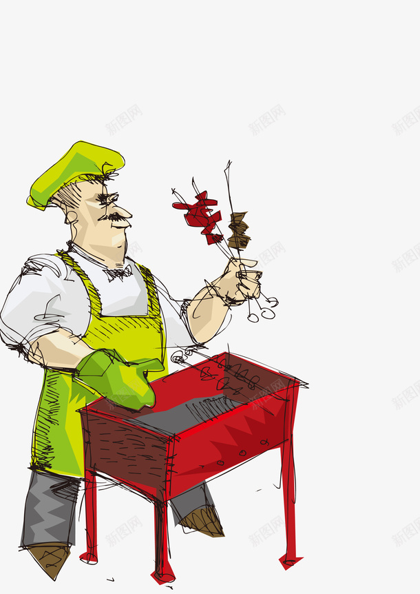 可爱创意街边小吃文化psd免抠素材_88icon https://88icon.com 卡通插画 可爱手绘 烤串的男人 烧烤 石板烤肉 街边小吃